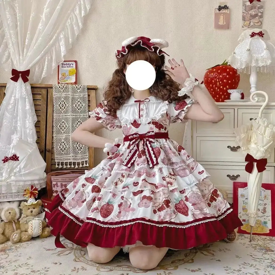 [Tea Cup Bear Trilogy]Strawberry Pattern Op Short Sleeve Three-section Skirts Cute Daily Lolita Dress Fairy Dresses