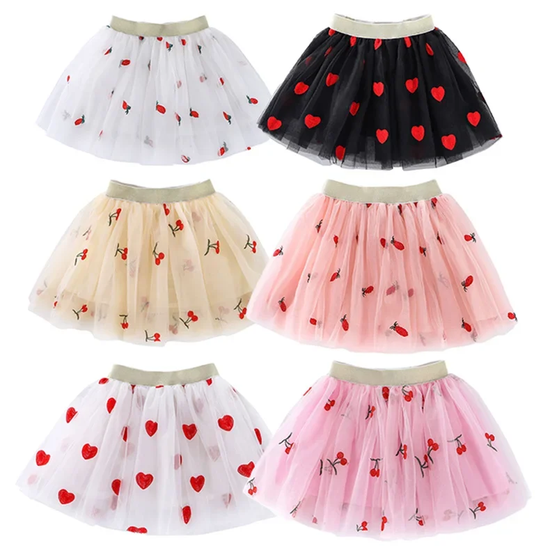 Cute Embroidered Girls Mesh Princess Tutu Skirt Summer Chlid Fashion Pleated Skirts Valentine's Day Party Dance Clothes 2-12T