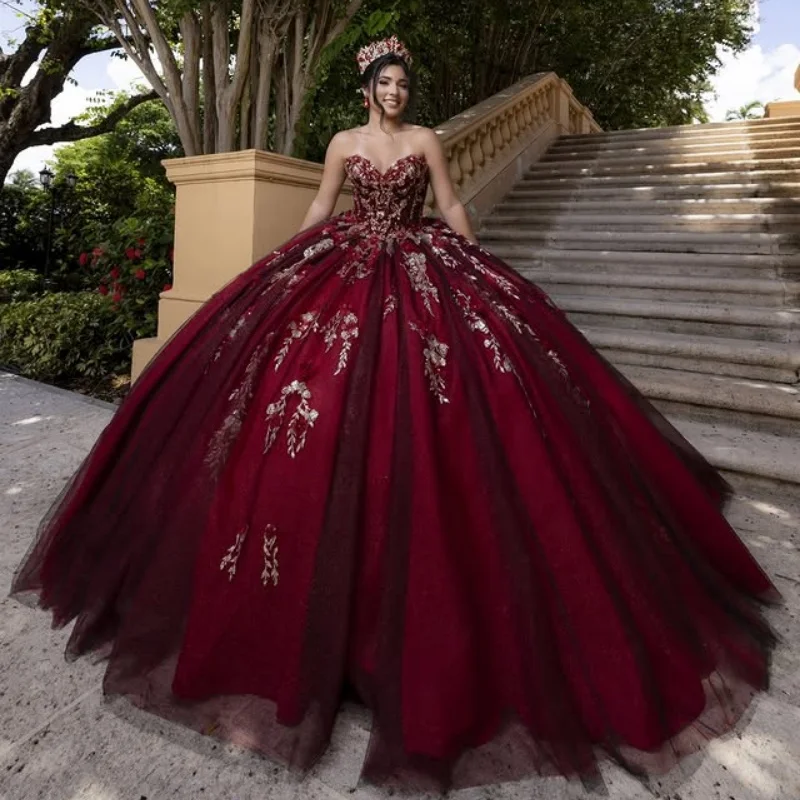 

Shiny Burgundy Quinceanera Dress crystal Glitter Decal off-shoulder 3D Flower Long tail Vestidos De 15 Quinceanera ﻿Customize