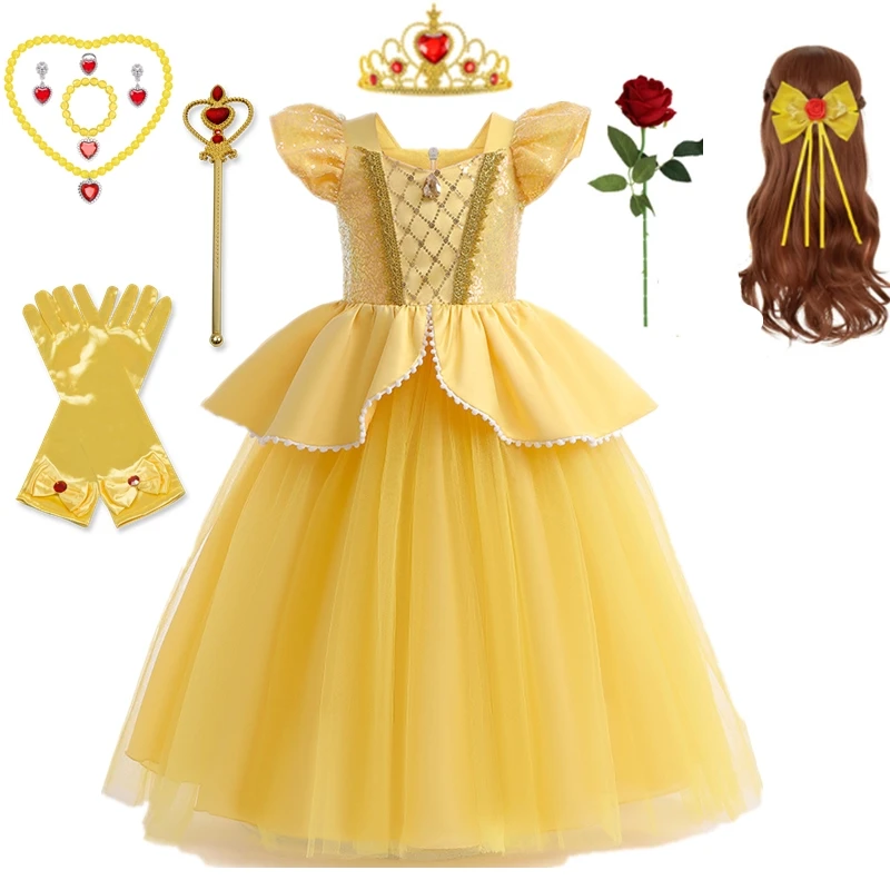 Girls Belle Dress Princess Costume Beauty and The Beast Cosplay Girls Prom Dress Children Halloween Disguise Costume 3-10Yrs