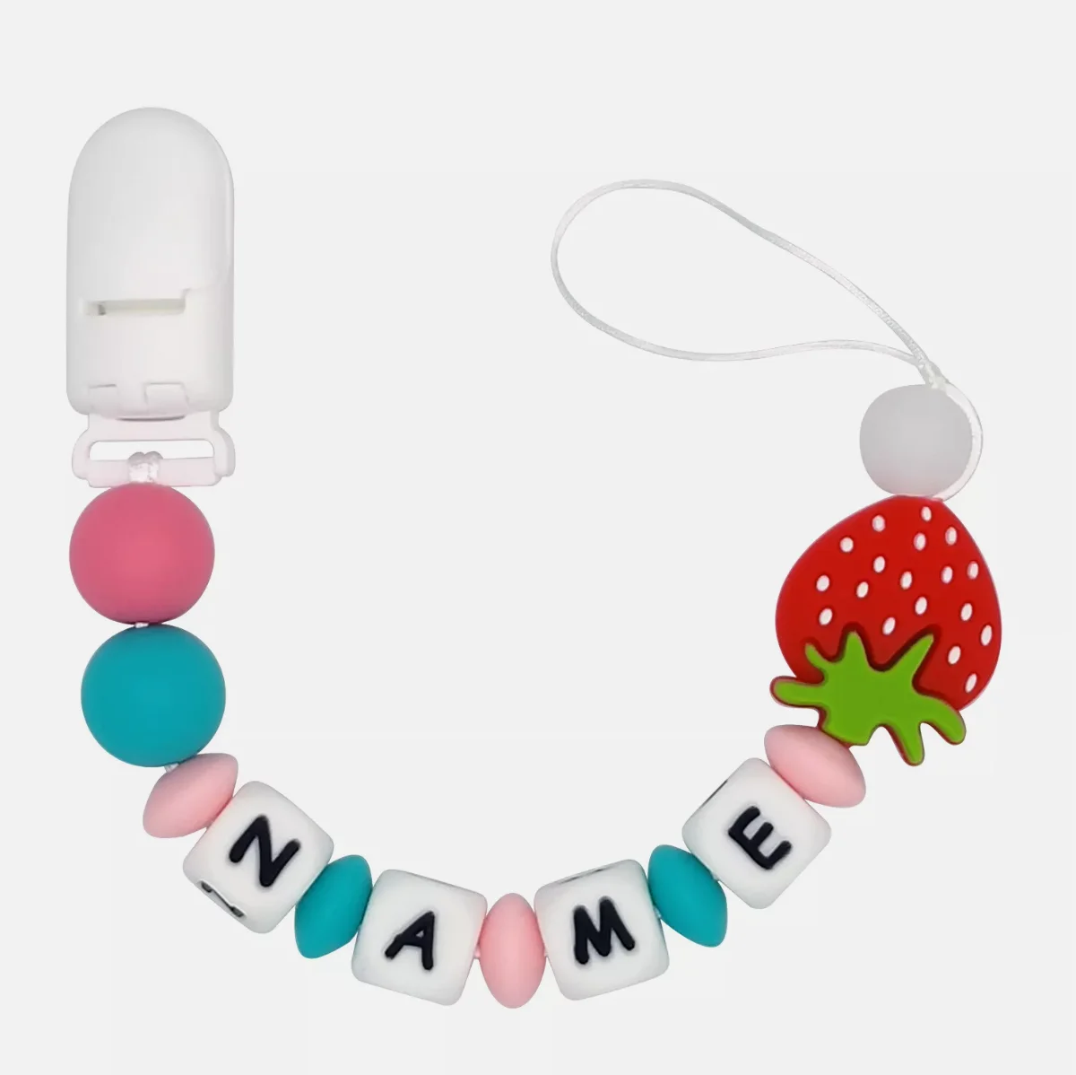 Cute Strawberry Baby Pacifier Chain, Custom Name