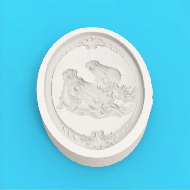 Horse Head Relief Oval Mold, Classical Scroll Pattern Border with Group of Horses Design, Silicone Mold for Fondant Chocolate Making
