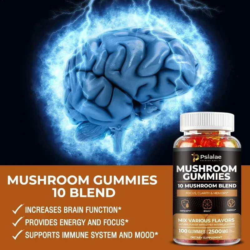 

Mushroom Gummies - Contains 10-Strain Mushroom Blend for Brain Function, Immune Support, Enhance Energy and Memory
