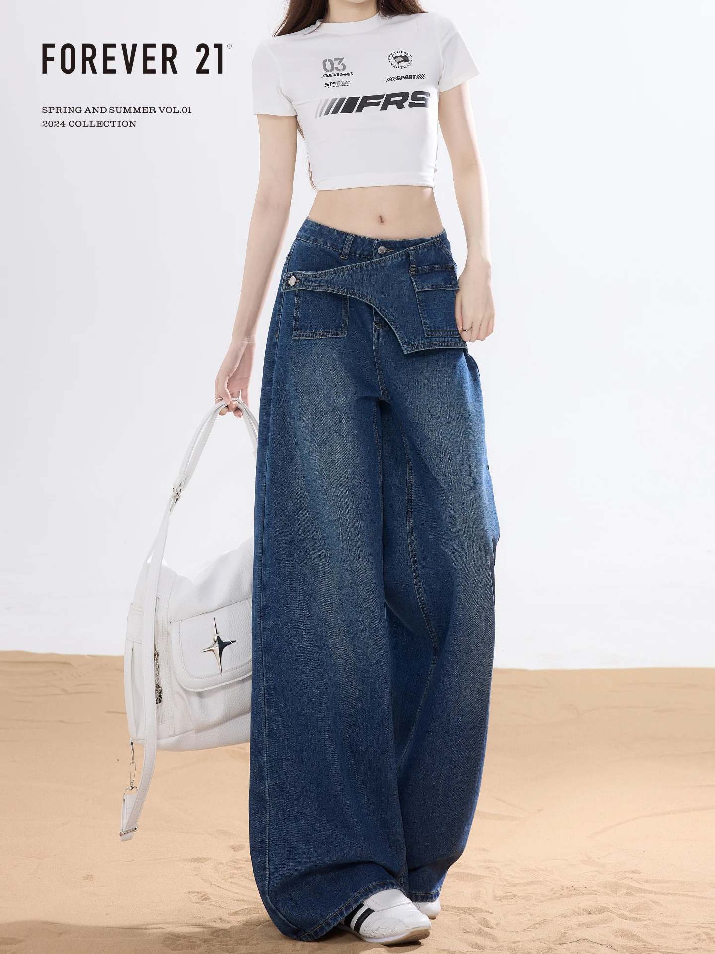 High Waist Loose Fit Wide Leg Blue Jeans Women's Straight Cut Pants Forever 21 American Style Deep Blue Asymmetrical Buckle
