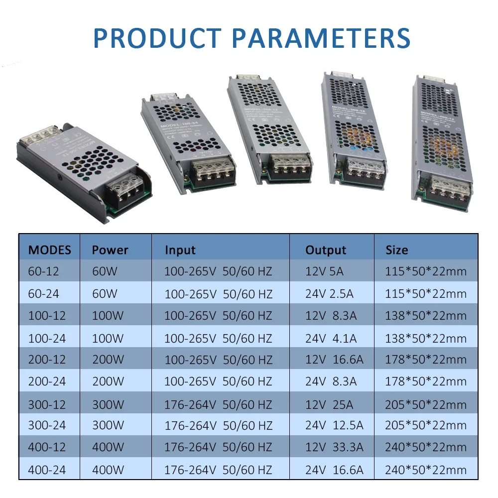 Lighting Transformer AC110V 220V to DC 12V 24V Power Supply Adapter 60w 100w 200w 300w 400w 12 24 Volt LED Strip Light Driver