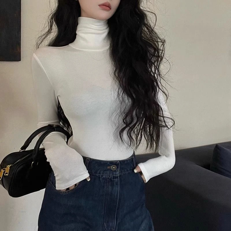 Otoño Invierno mujeres cuello alto sólido Tops mujer coreana térmica ropa de manga larga niñas cómodos jerseys elásticos