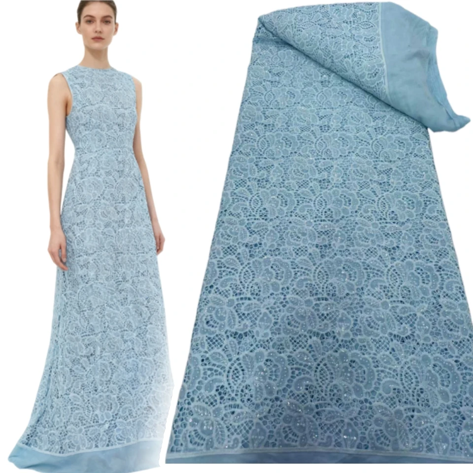 

5Yards Nigerian Guipure Cotton Beads Lace Fabric 2025 High Quality Sequins African Milk Silk Embroidery Lace Fabric Women A1794