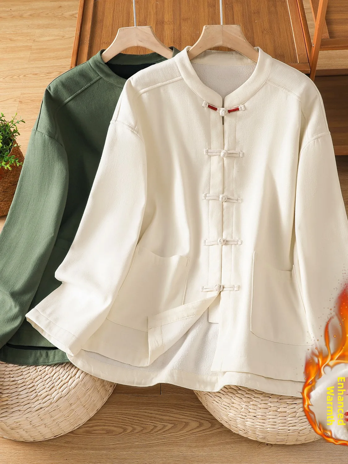 

Retro Chinese Sle Oversized Casual Fce Jaet Large Size Women's Color Button ket round Ne Cotton Coat