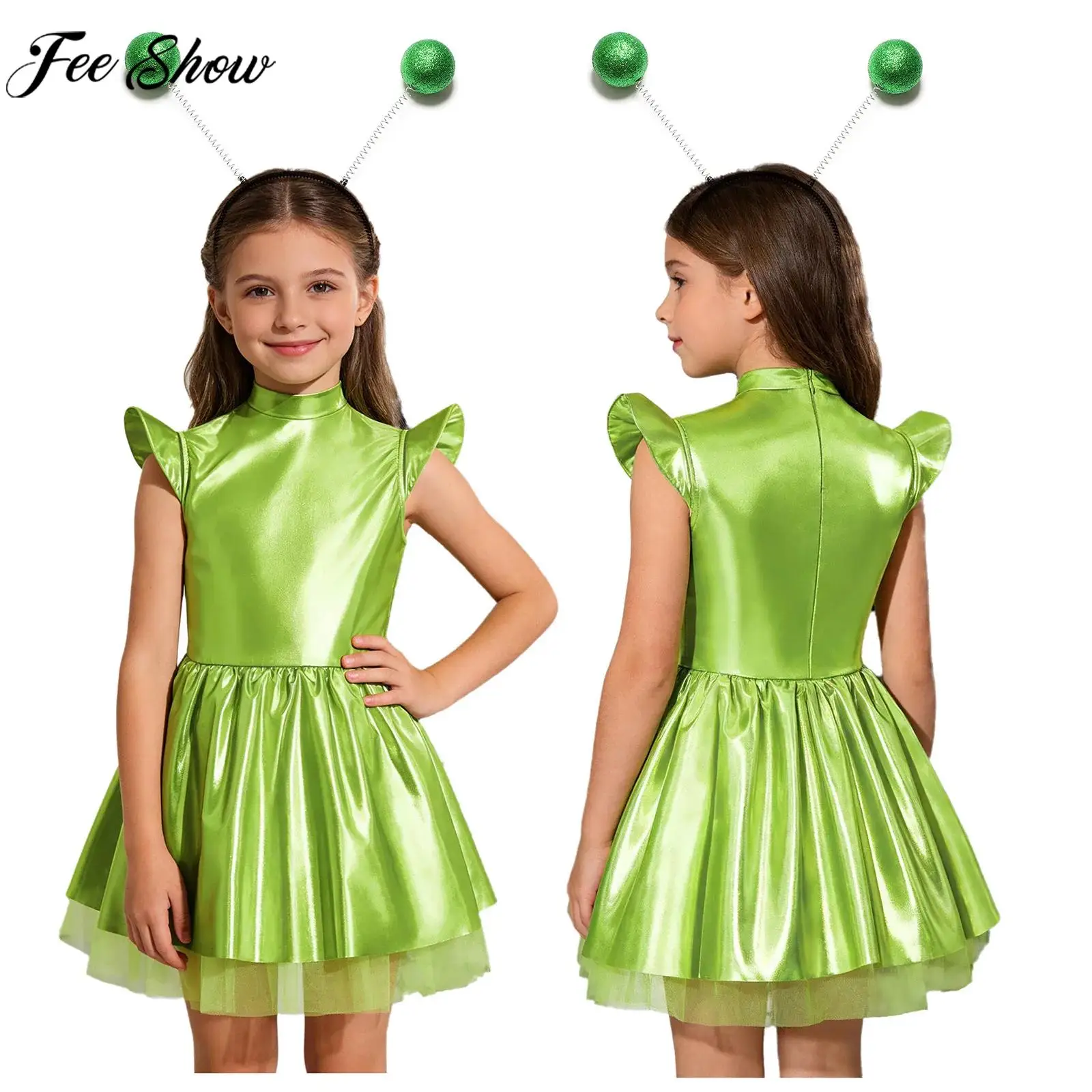 Children Girls Metallic Shiny Outer Space Alien Tutu Dress Halloween Carnival Robot Astronaut Galaxy Warrior Cosplay Costume