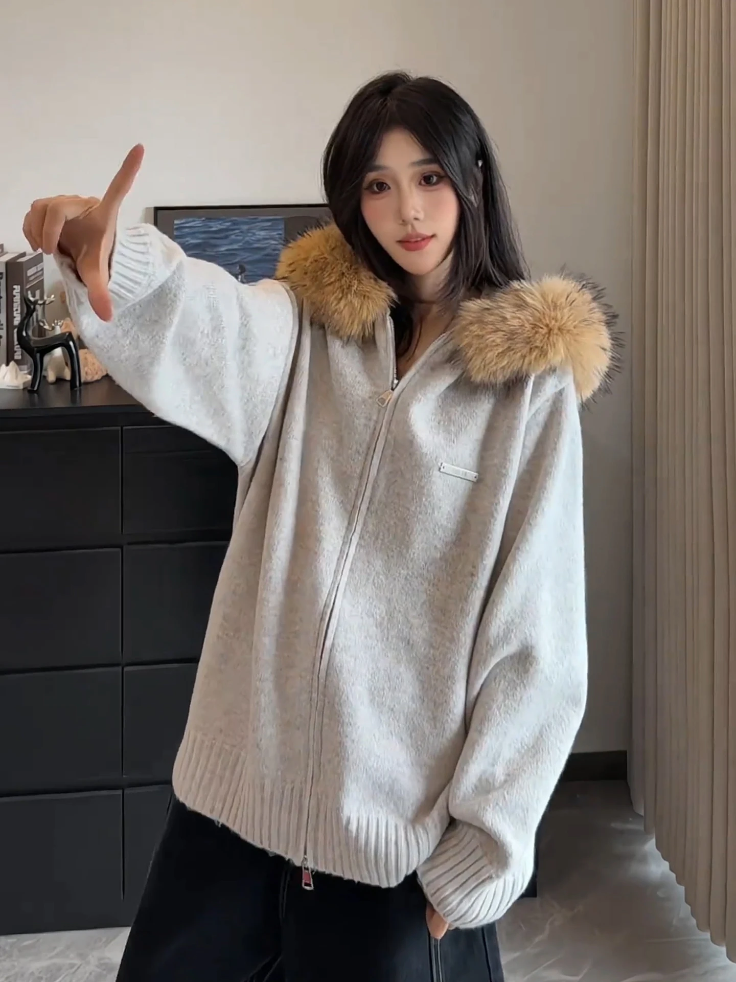 

Men's Zipper Hoodie Mid-Weight Knitted Sweater with Large Fur Collar Autumn Winter Casual Sle Breathable Polyester Blend