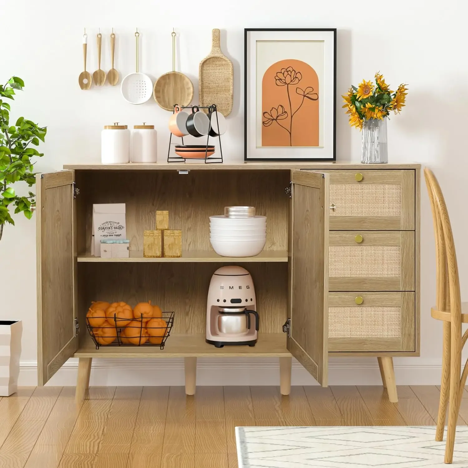 Armoire de rangement en bois Credenza, buffet en rotin, armoire de planche avec 2 portes et 3 portes de proximité