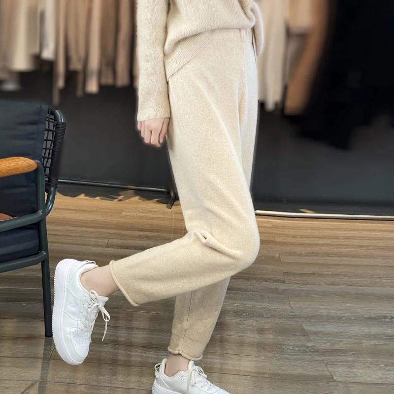 Women's Monochromatic Cashmere Pants, Knitted Padded Outer Wear, Loose Fitting, Straight Pants, Autumn and Winter, New