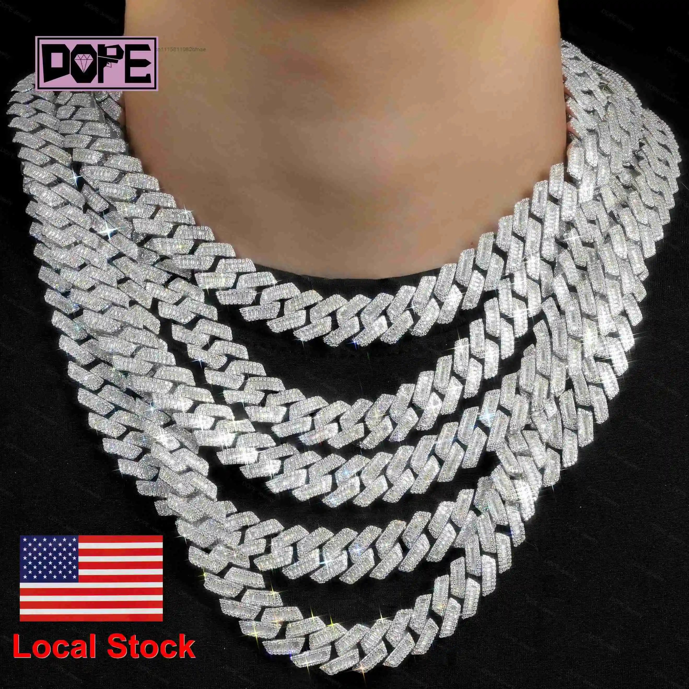 USA Stock 15mm Cuban Link Chain Hip Hop 925 Silver Inner Baguette Cut Iced Out Necklace Moissanite Cuban Chain，