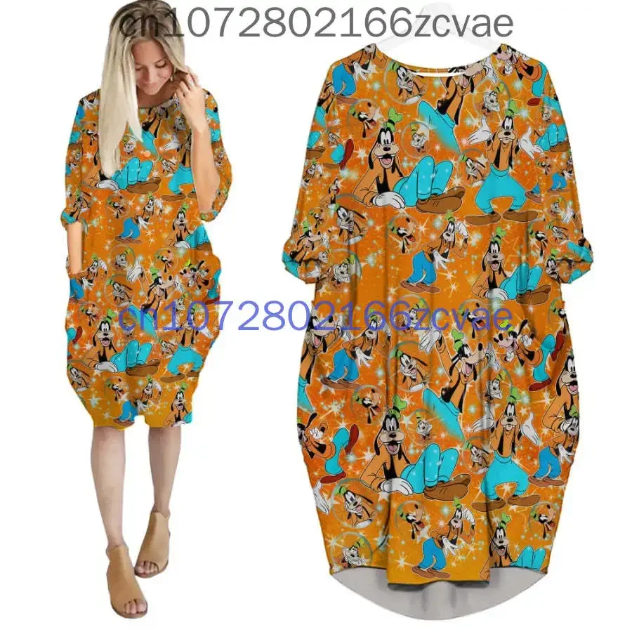 

Summer Disney Goofy Women's Batwing Pocket Dress New Fashion Street Dress Y2K Loose Casual Long sleeved Women's Dress