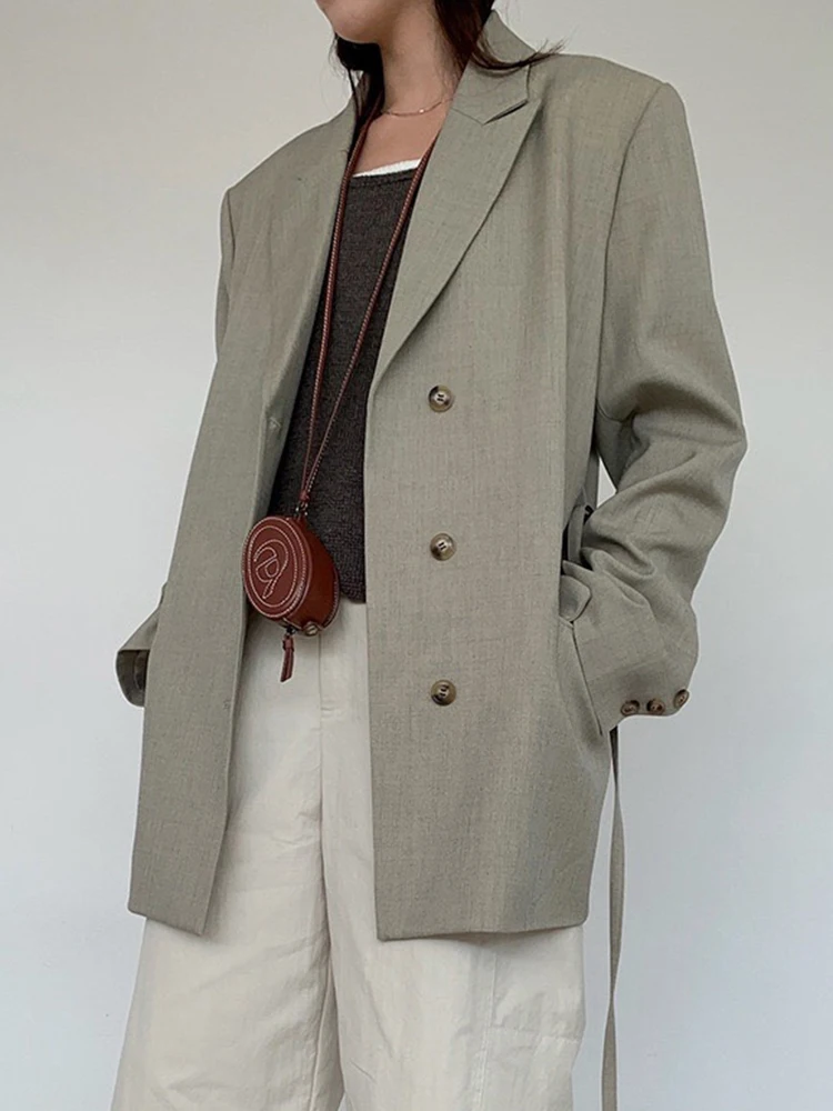 TLXT 여성 캐주얼 Balzer 노치 긴 소매 솔리드 싱글 브레스트 레이스 업 수집 허리 자켓 2025 봄 신상품 26Z1428