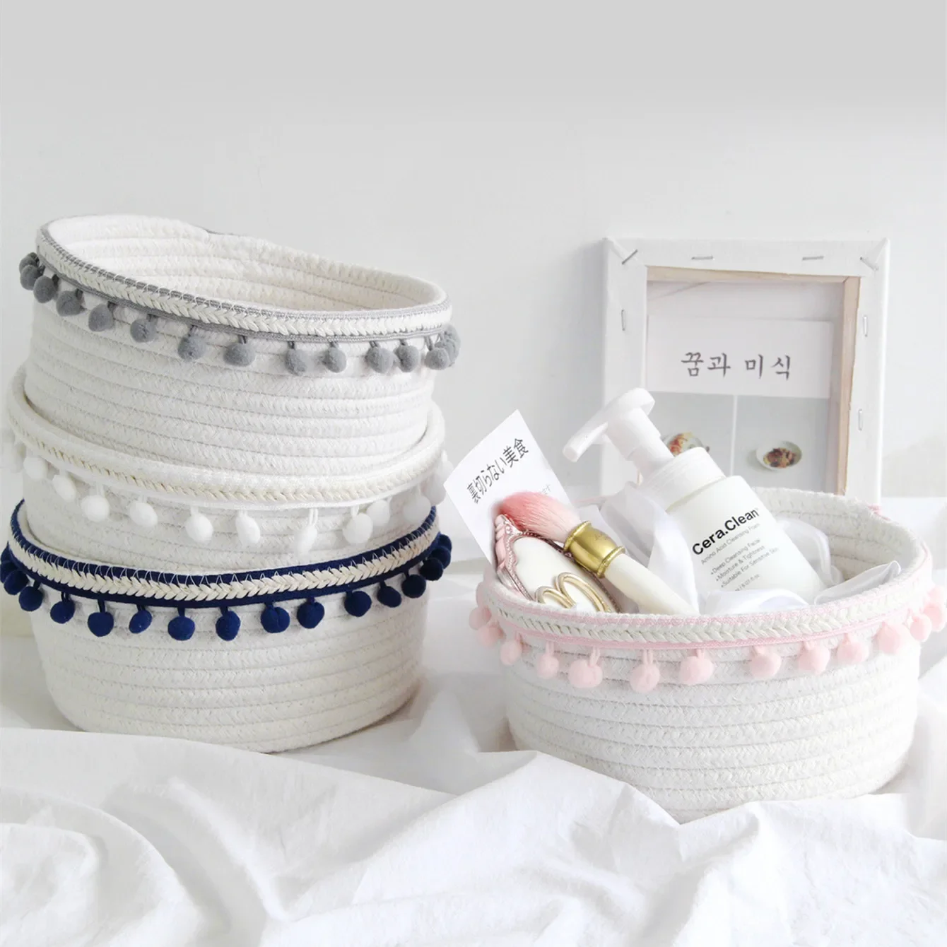 Nordic Style Handmade Woven Storage Basket Home Cotton Rope Arrange Container Multifunctional Remote Control Desktop Organize