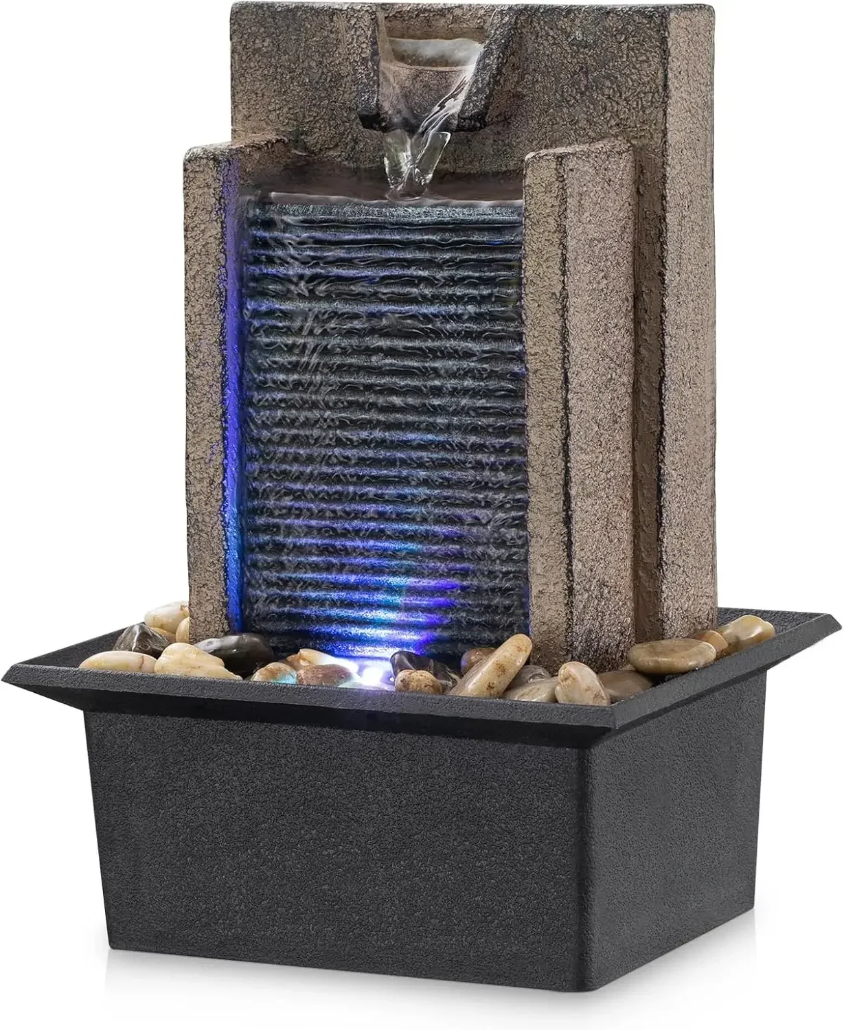 

Mini Zen Fountain with LED Lights & River Rocks - Indoor Tabletop Waterfall for Home Office Decor