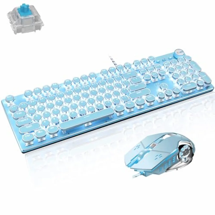 Mechanical Gaming Keyboard and Mouse Combo Retro Steampunk Vintage Typewriter-Style Keyboard with LED Backlit 104-Key Anti-Ghos