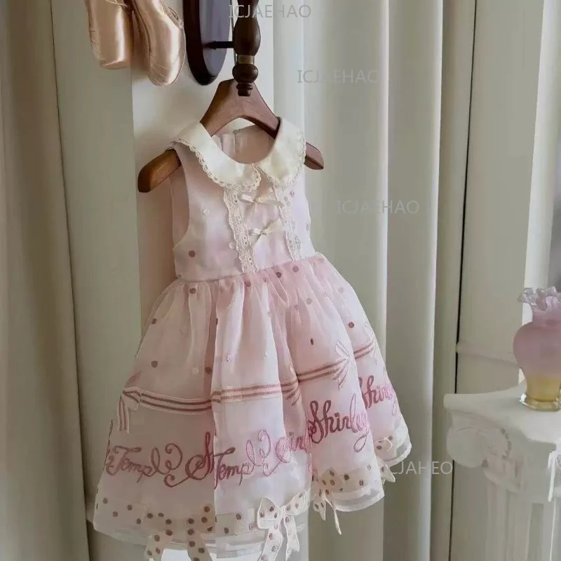 2026 Children Girls Pink Lolita Embroidery Tulle Tutu Holiday Birthday Party Costume Princess Summer New Sleeveless Dress Kids