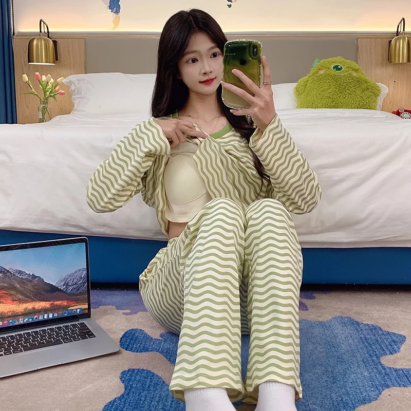 Stripe Green Pajama Set Women Cute Casual Sleepwear Long Sleeves Long Pants Autumn Winter Girls Pyjamas Soft Cozy Pijamas Ladies