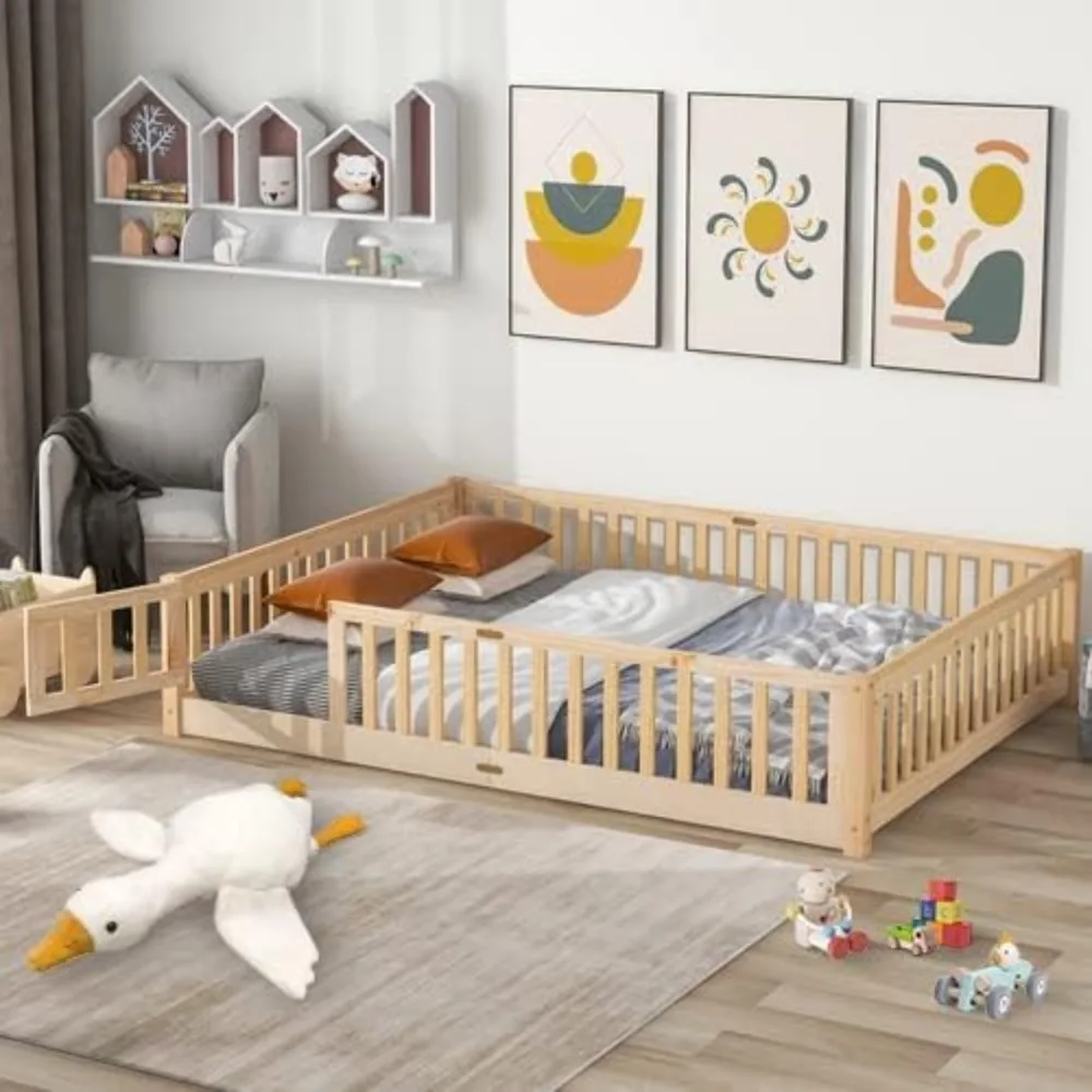 Queen Floor Bed for Children, Sturdy Wood Montessori Beds Frame with Wood Slats, High Fence & Small Door, Montessori Floor Bed