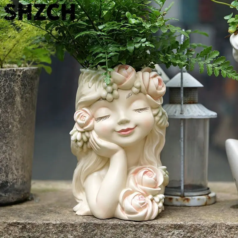 Outdoor Garden Fairy Flowerpot Resin Figurine Statue Decoration Homestay Sculpture Crafts Courtyard Villa Furnishing Accessories