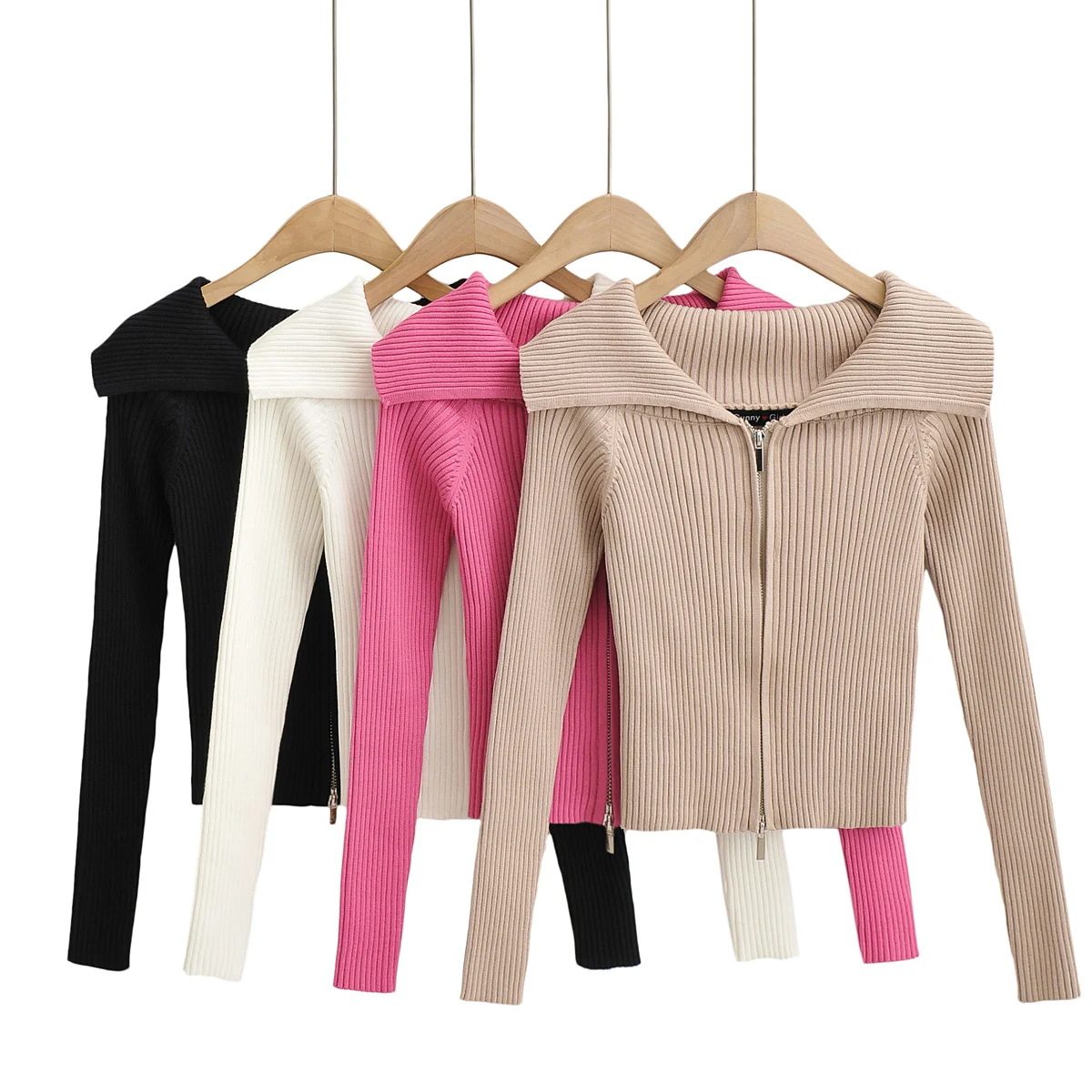 2022 New Casual Fashion Women's Clothing Autumn Long-sleeved Zipper Lapel Thickened Double Zipper Knitted High-strecth Cardigan