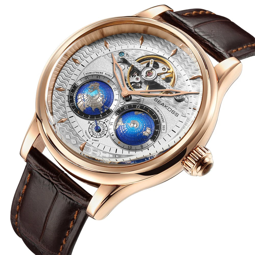 SEAKOSS Luxe dubbele aarde roterende mechanische herenhorloge Automatisch uurwerk Waterdichte klok Piloten Heren 1963 vliegwielhorloges