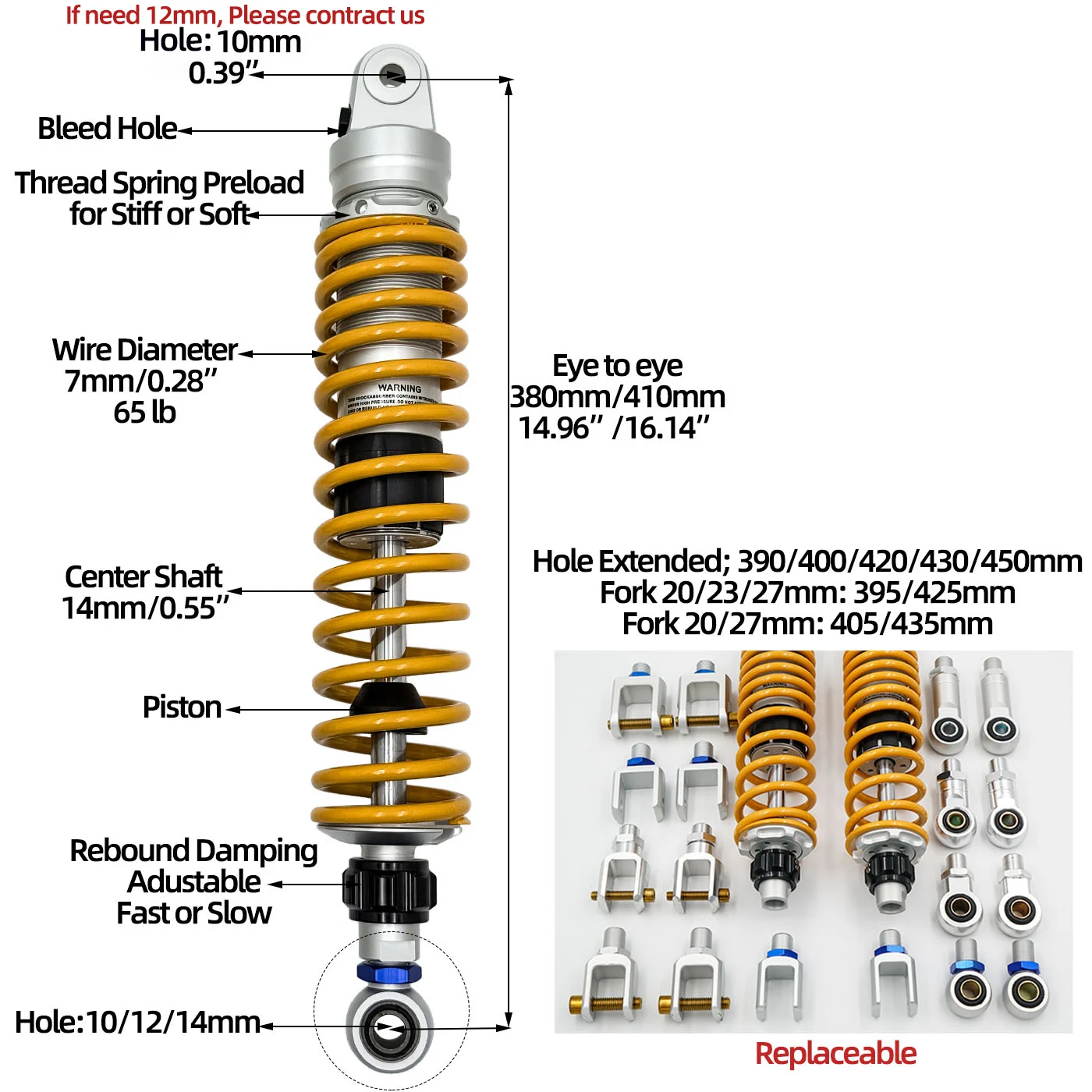 380mm 390mm 395mm 400mm 405mm 410mm 420mm 425mm  430m 435mm Rear Shocks for Haojue dk125e Silver Wing600/400 Benelli502 Forza350