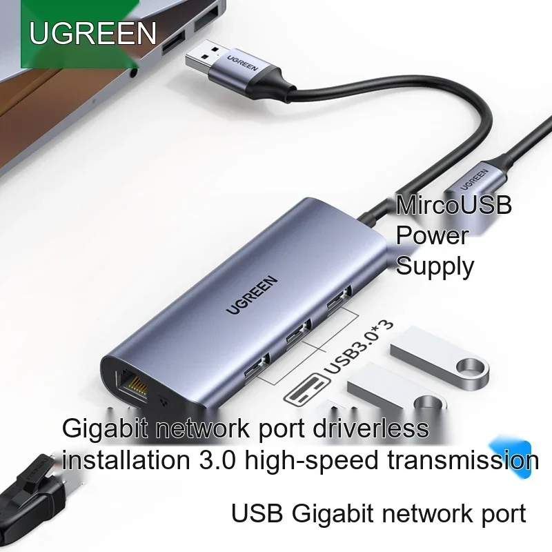 UGREEN 60719 CM252 USB 3.0 Hub with Gigabit Ethernet Adapter 3 Port USB Splitter RJ45 Wired Network Card for Laptop PC