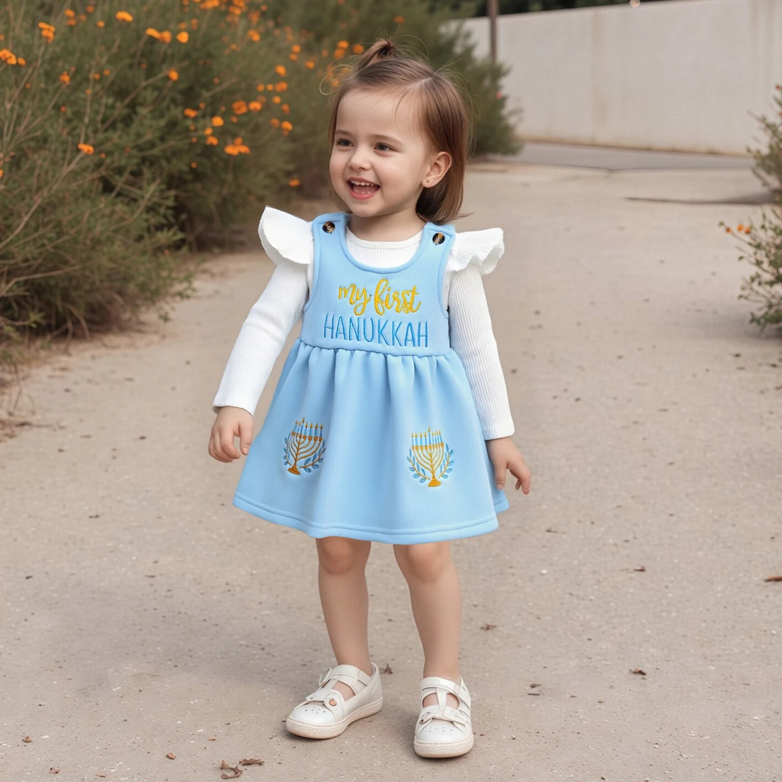 

Наряды chanukkah для маленьких девочек, однотонный комбинезон в рубчик с длинными рукавами и подсвечником с буквенной вышивкой, платье трапециевидной формы, комплект из 2 предметов