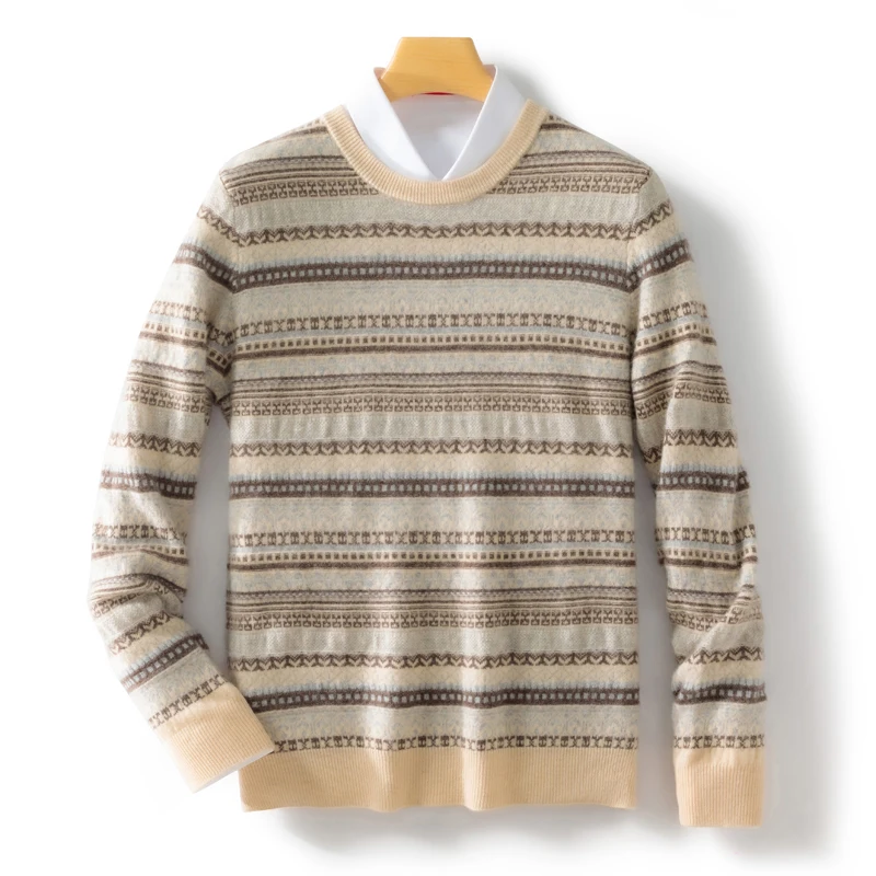 Vintage Men Autumn Winter Sweater Basic 100% Merino Wool Sweater Pullover Thick Classic O-Neck Clothing Striped Jacquard Knitted - Image 2