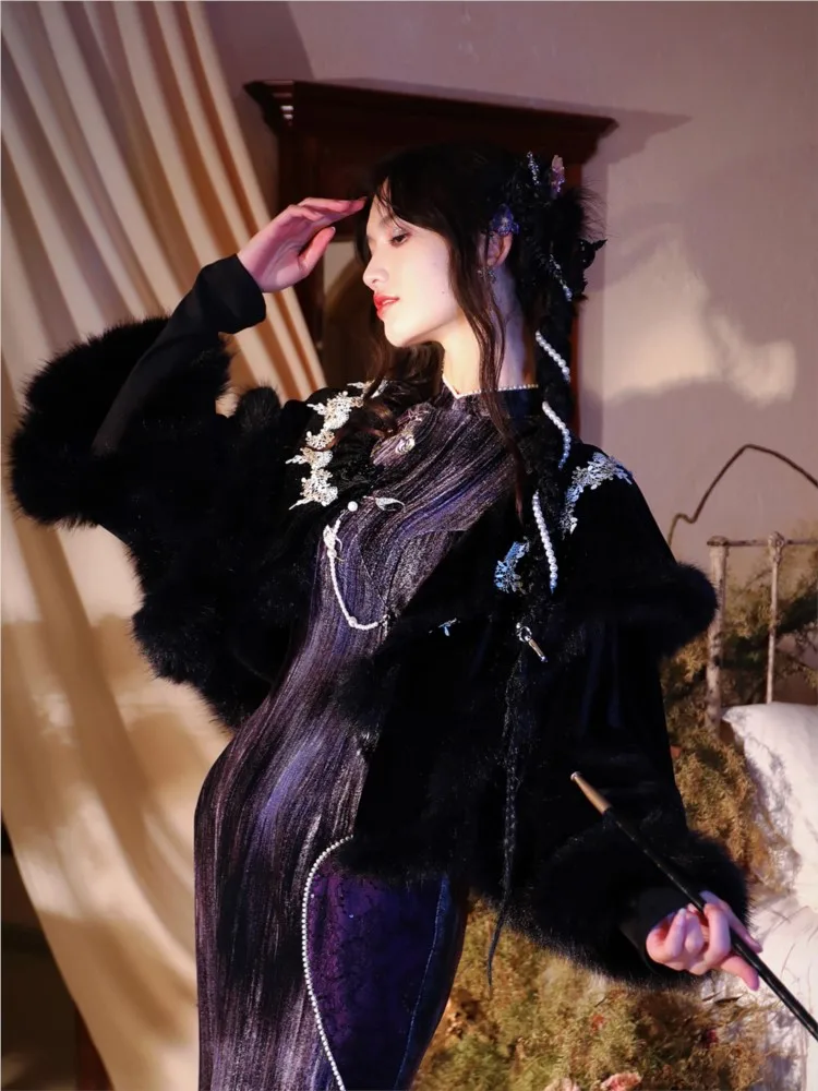 เสื้อคลุมขนสัตว์แบบจีนใหม่ ผ้าฟลีซหนานุ่ม ดีไซน์สีดำอเนกประสงค์ ให้ความอบอุ่น สั้น