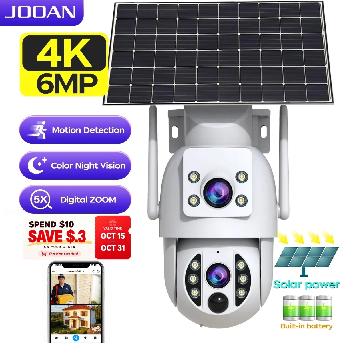 JOOAN 4K 태양광 보안 카메라 무선 야외 듀얼 렌즈 태양광 IP 카메라 PIR 인체 감지 야간 투시 배터리 CCTV 카메...