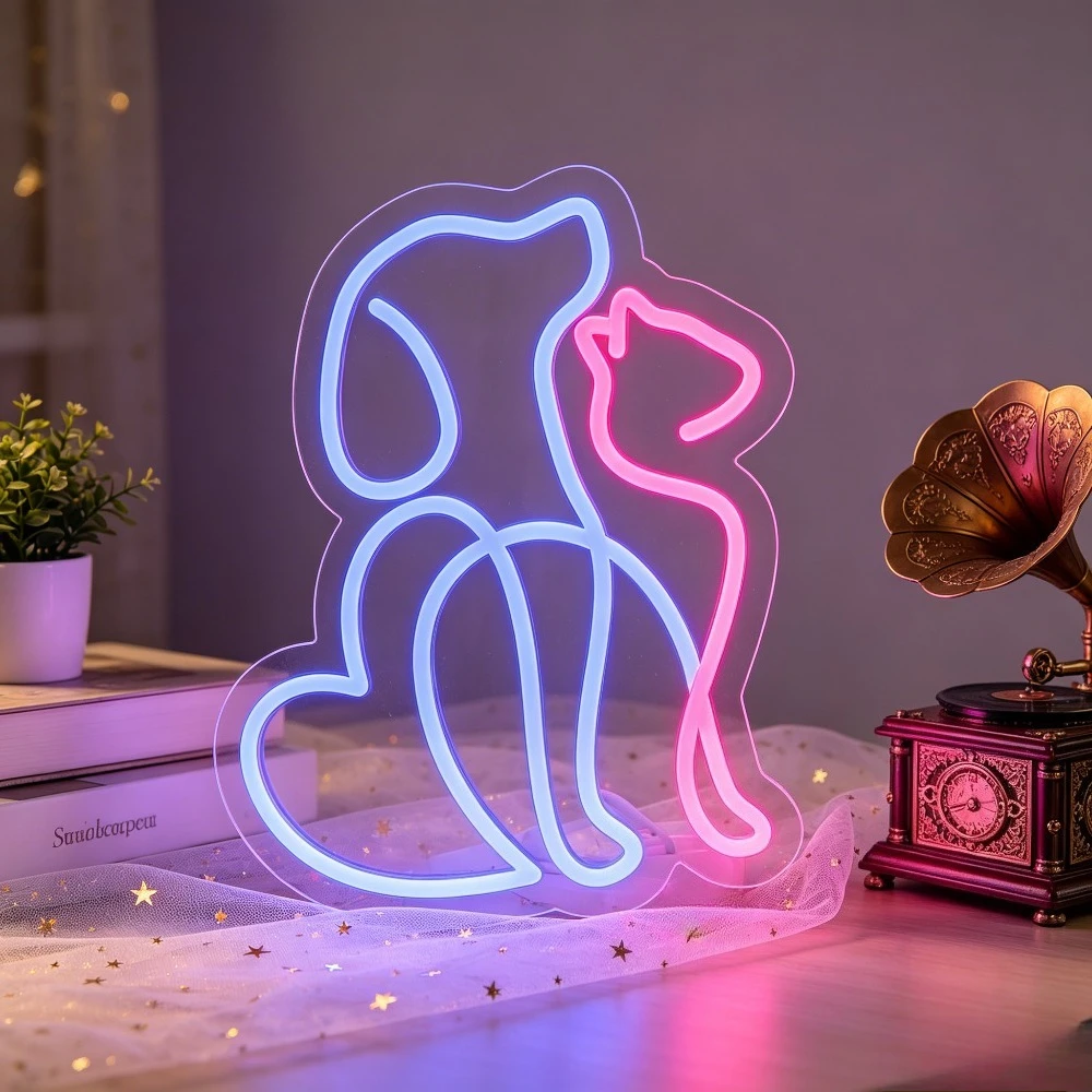Cat and Dog Silhouette Neon Sign Dimmable LED USB Wall Light for Pet Shop Dogs Cats Room Lovers Bedroom Pet Beauty Shop Decor