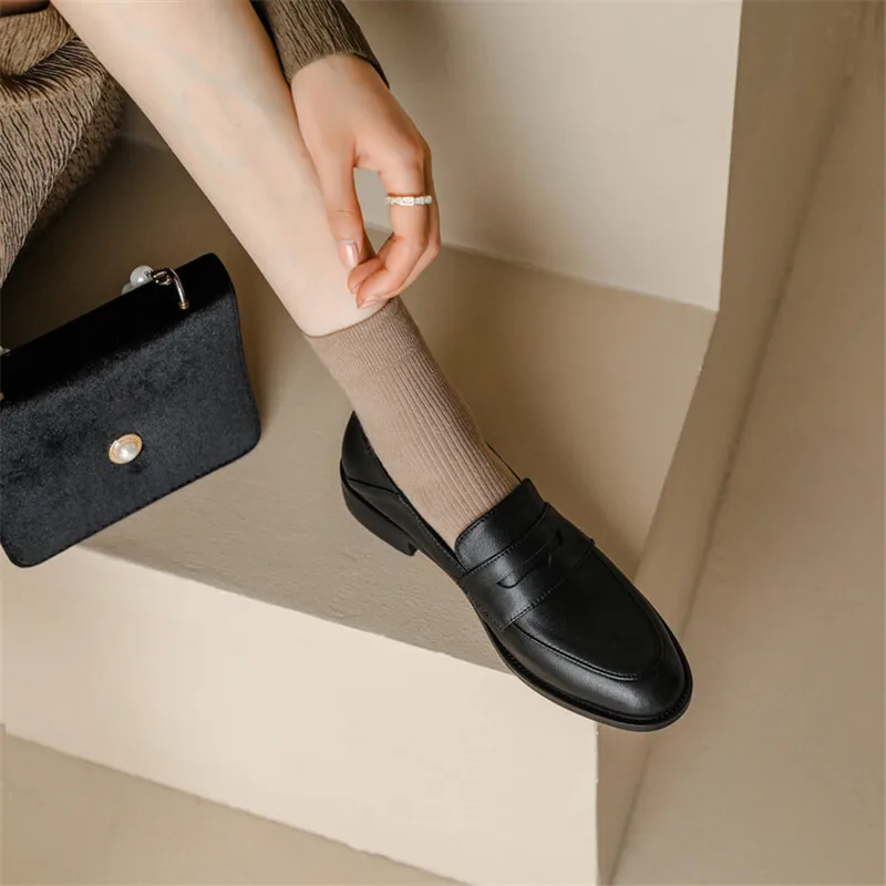 New Spring Split Leather Women Shoes Casual Slip-On French Retro Loafers Round Toe Women Pumps Shoes Woman Chunky Heel Shoes