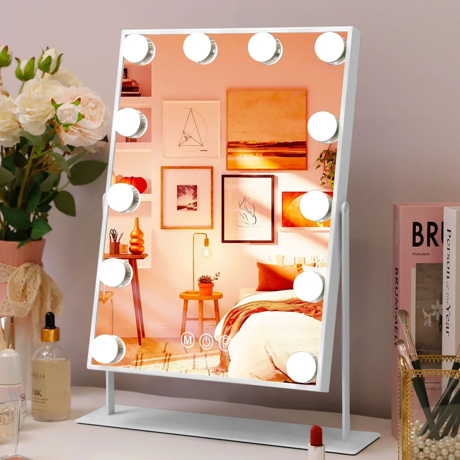 FENCHILIN Lighted Makeup Mirror Hollywood Mirror Vanity Makeup Mirror With Light Smart Touch Control 3 Colors Dimmable Light