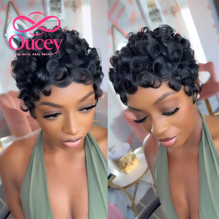 Chic Short Layered Pixie Wig with Bangs Curly Human Hair Glueless Full Machine Made Natural Looking Haircut for Women