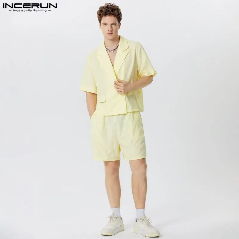 INCERUN 2024 American Style Sets Fashion New Mens Bubble Striped Cropped Suit Shorts Casual Streetwear Male Two-piece Sets S-5XL