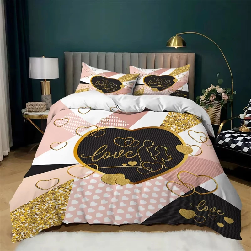 Love Heart Duvet Cover Set Microfiber Bear Comforter Cover Soft Romantic Bedding Sets Valentine\'s Day For Girls Women Room Decor
