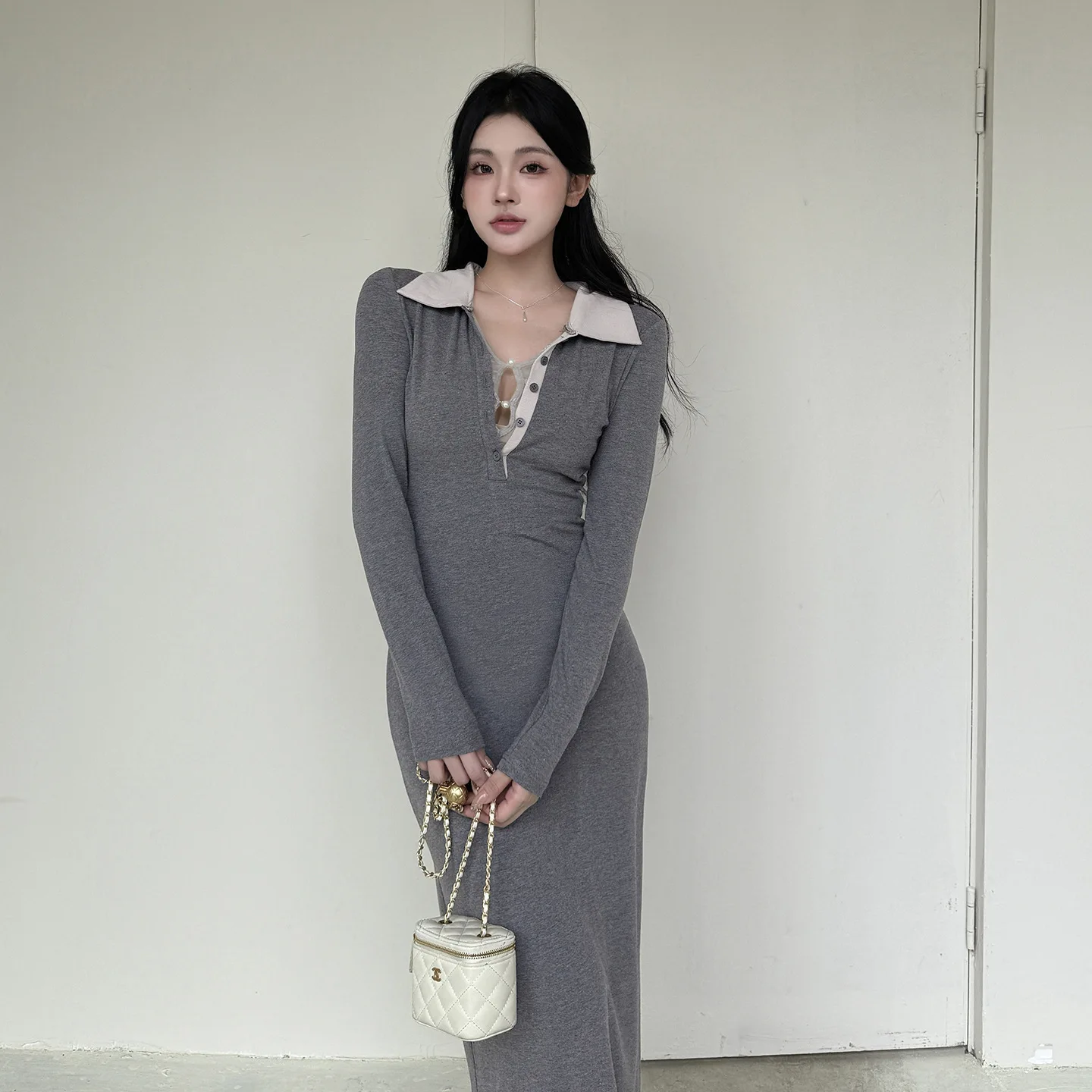 Women's Autumn Casual Long-sleeve T-shirt Midi Dress Gray Fake Two-piece Polo-collar Long-dreses Korean Simple Trendy Apparel