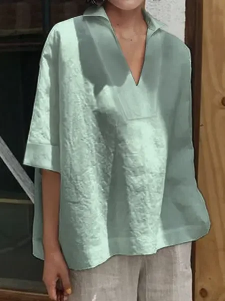 

Spring Summer Women's Shirts V-neck Cotton Linen Versatile Shirts Fashion Simple Solid Color Loose Mid-sleeve Women's Shirts