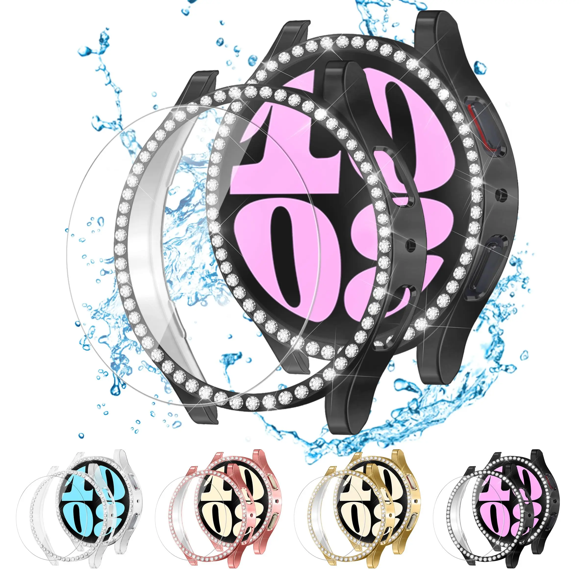 Glass+Case for samsung Galaxy watch 6 4 5 44mm 40mm 44 accessoires Bling Diamond PC bumper+Screen protector watch6 watch4 Cover