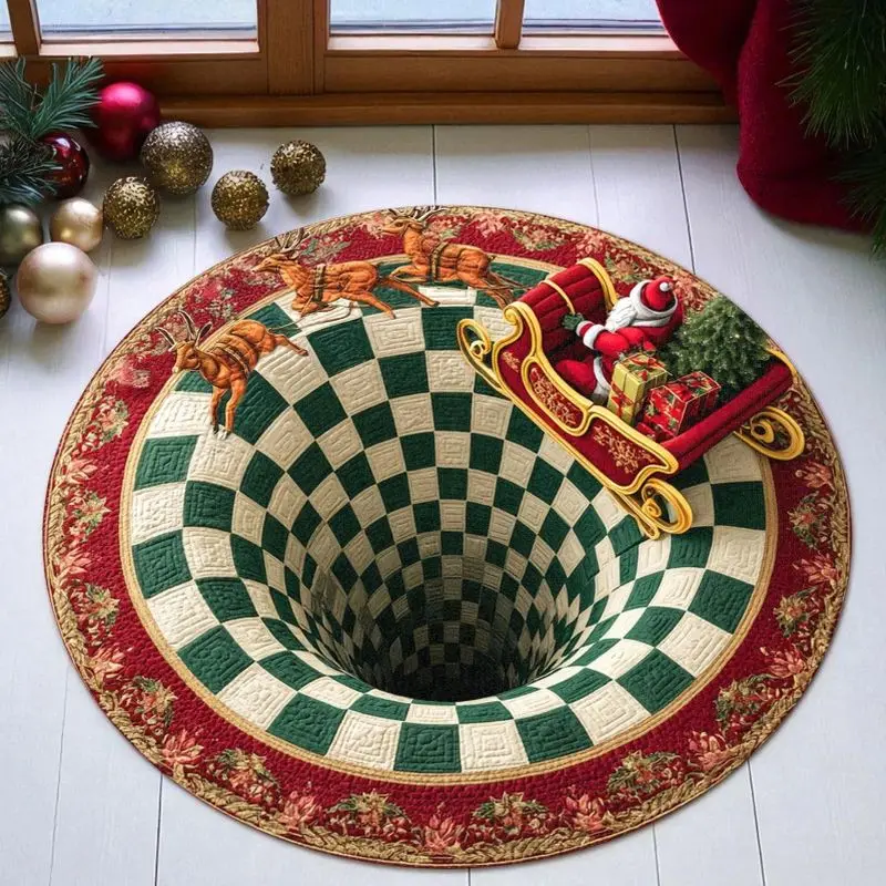 VIKAMA 3D Optical Illusion Round Santa Claus Rug, Non-Slip and Machine-Washable Living Room Rug, Christmas Party Home Decor