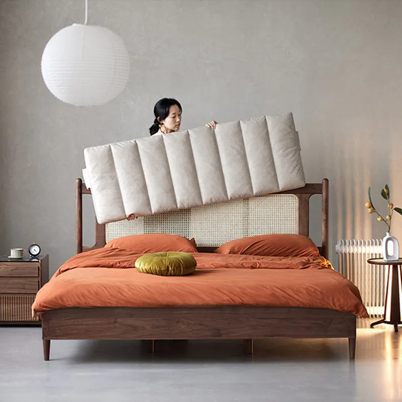 

Wind Retro Solid Wood Rattan Bed Small Apartment Homestay Master Bedroom Household Walnut Double Bed