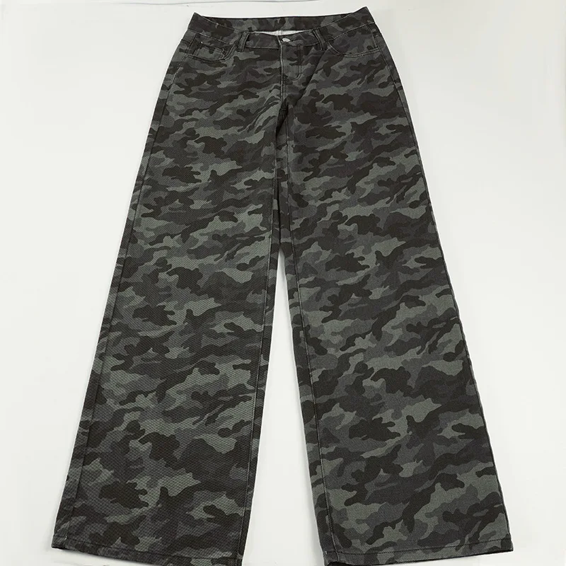 Stsss americano high street camuflagem impressão jeans feminino casual baixo aumento em linha reta perna larga calças jeans outono vintage