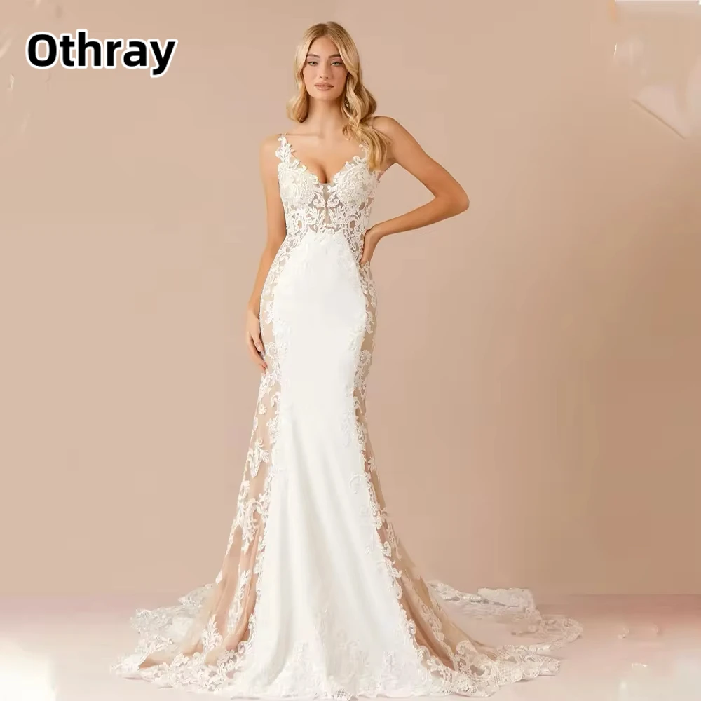 

Othray Sexy V-neck Lace Applique Mermaid Wedding Dresses Sweep Train Custom Made Formal Bridal Grown Rode De Morrie