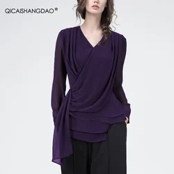 Women Long Sleeve V-Neck Crossed Purple Casual Shirt Elegant Slim Chiffon Tops With Belt 2024 Fall New Ladies Blouses