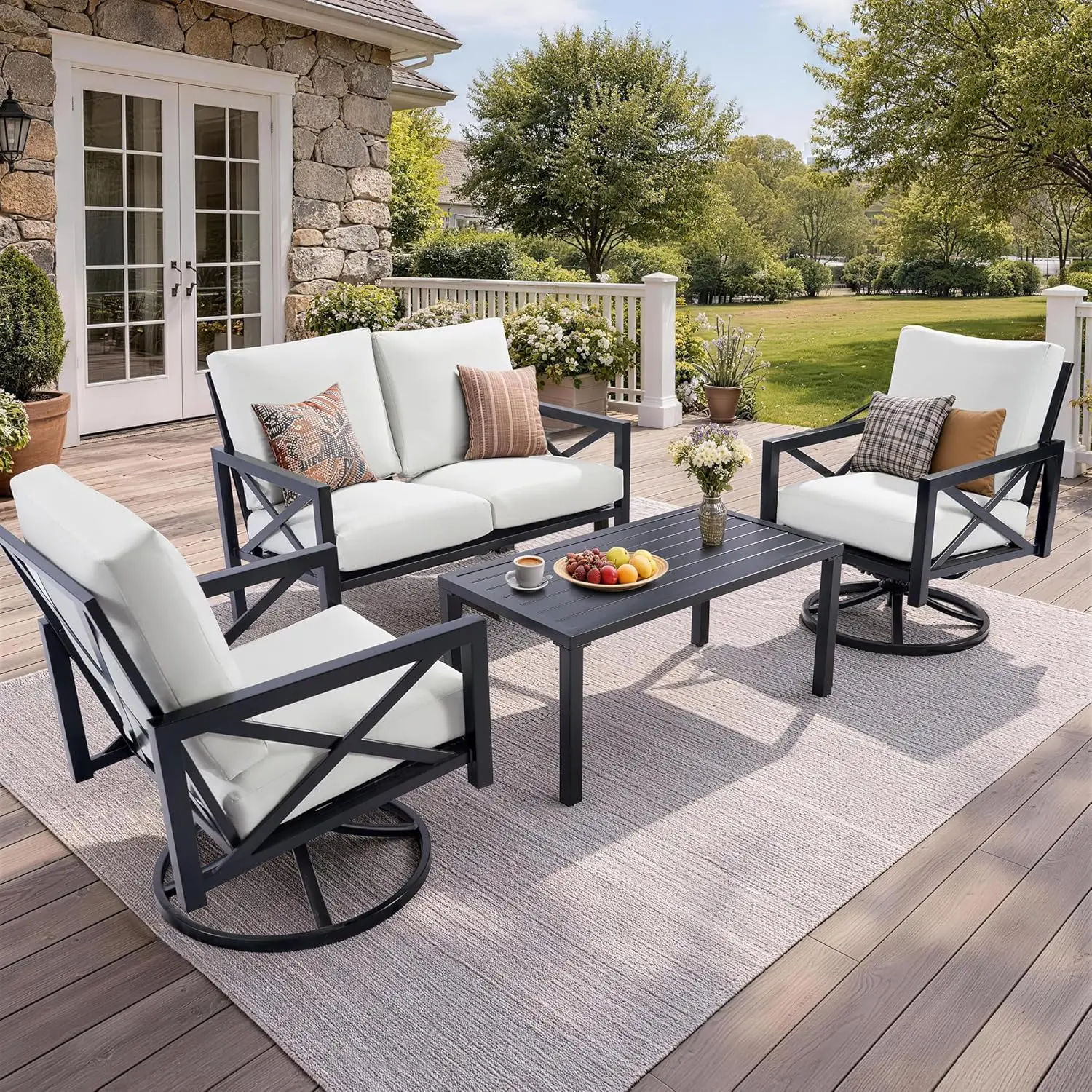 

4 Piece Patio Furniture Set Metal Outdoor Conversation High Back Rocking Swivel Chairs 38in Table 5.5in Cushions, Custom