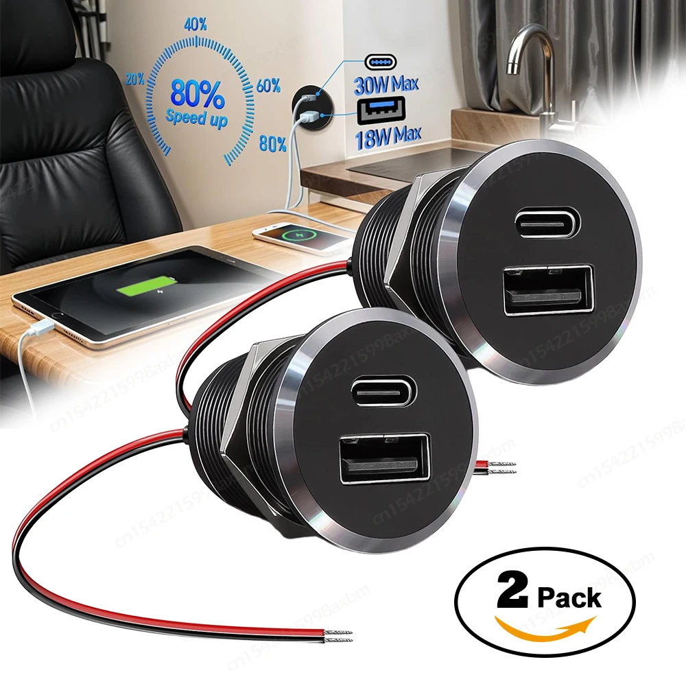 1–2 Stück Aluminium 48 W 12 V USB-Steckdose QC3.0 und Typ-C PD-Steckdose Schnellladegerät Einbausteckdose für Wohnmobil, Wohnmobil, Boot, LKW